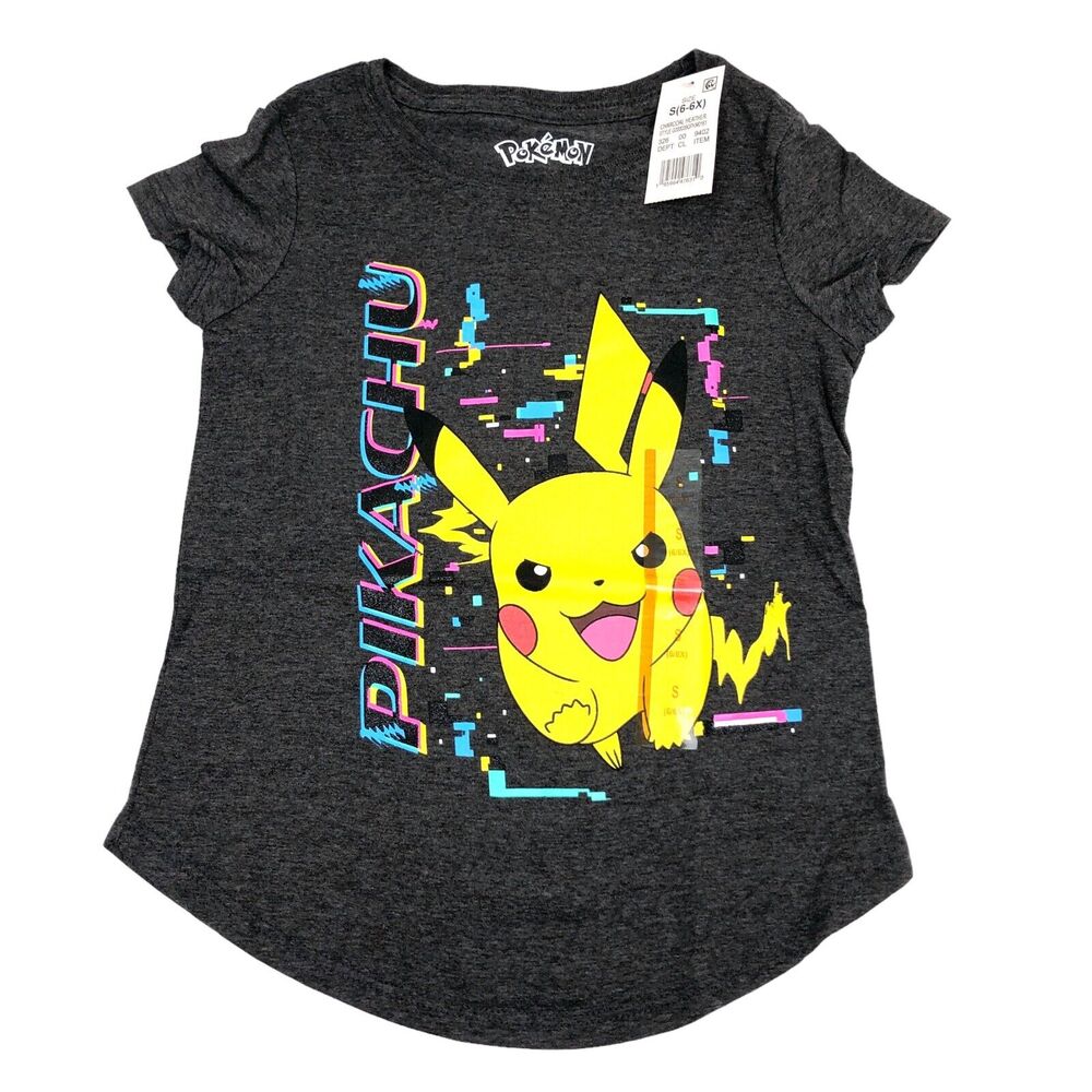 NEW Pokemon Pikachu‎ T Shirt Girls S 6 - 6X Anime Graphic Tee Short Sleeve Gray